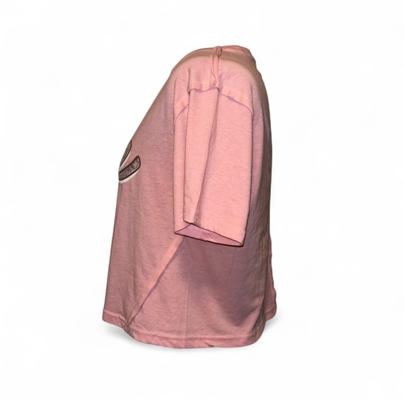 Barbie | Silver Rhinestone Logo Crop Tee | Pink Raw Seam T-Shirt | Size S - Picture 4 of 7